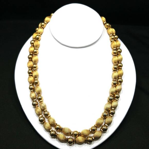 Vintage Gold Plated Double Strand Beaded Necklace Satin & Smooth Beads 1950s